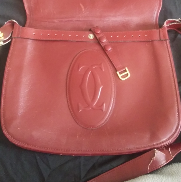 Les Must De Cartier Bordeaux leather suede gold cc monogram vintage bag purse - Picture 6 of 13